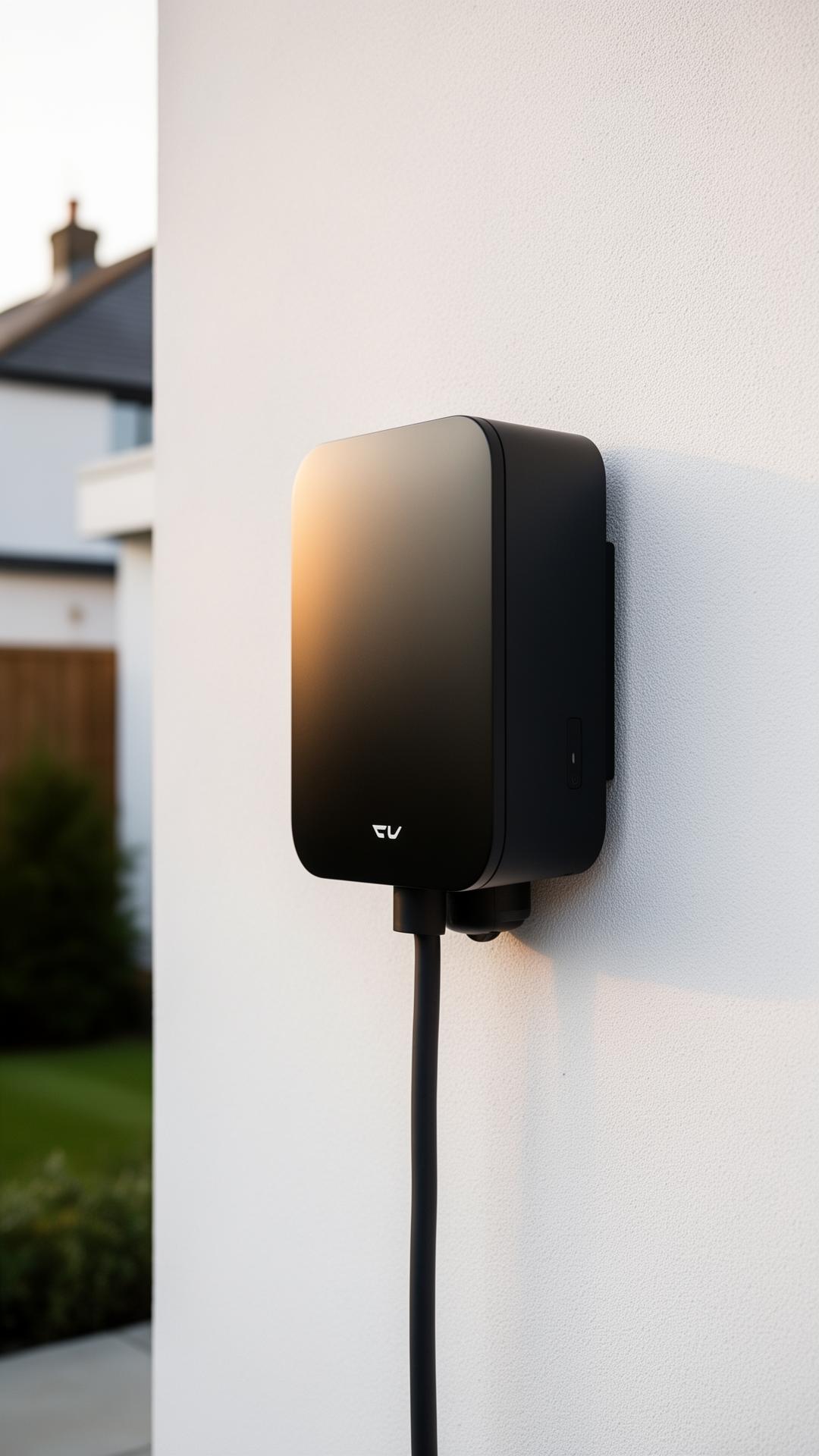 A neatly installed matte-black EV charger on a modern home